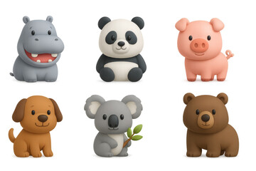 Obraz premium Cute animal figurines in 3d: hippo, panda, pig, dog, koala, bear set