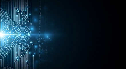 Abstract Digital Circuit Board Background: Glowing Blue Technology Design with Binary Code and Copy Space.