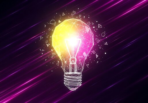 Abstract Low Poly Glowing Lightbulb;  Innovation, Technology, and Inspiration Concept;  Purple and Yellow Gradient;  Dark Background.
