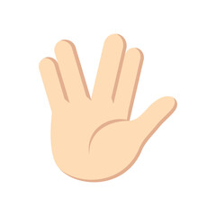A single hand with fingers parted in a vulcan salute gesture on a plain white isolated background view
