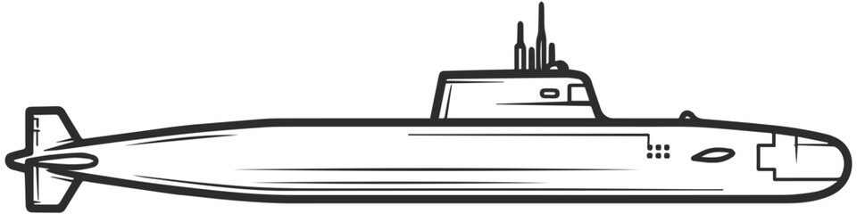 Submarine icon in the form of a black line, side view, general submarine icon..