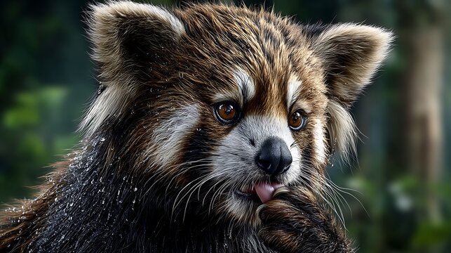 A close-up shot of a red panda licking its paw, with water droplets on its fur and a blurred forest background. - Powered by Adobe