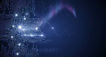 Abstract Technology Background: Circuit Board, Data Flow, and Dynamic Graph in Cool Blue Tones