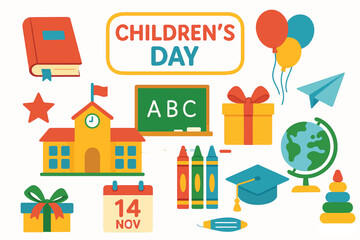 Fototapeta premium Children’s Day India icon set with fun and educational symbols for school events and learning designs.