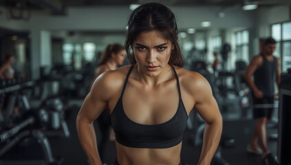 Fototapeta premium Full length portrait of a fit and toned athletic woman with a determined facial expression and a subtle smile, wearing a sleek black sports bra and leggings, her dark hair tied back in a ponytail