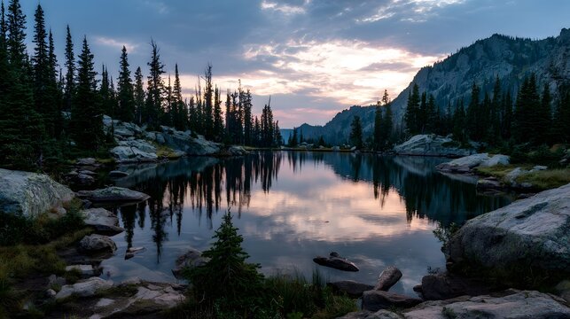 Serene Mountain Lake at Sunset with Reflective Water and Pine Trees