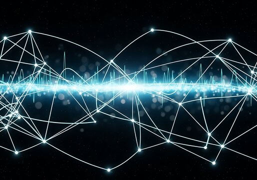 Abstract Network Data Flow: Futuristic Teal and Blue Digital Waveform with Illuminated Nodes and Connections.