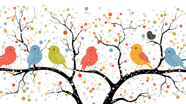 Colorful Birds on Branches Pattern, Fresh Illustration Decorative Background