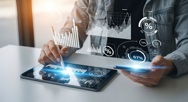 Business person holding a smartphone and a tablet with a futuristic holographic dashboard overlay, visualizing digital data, graphs, and percentages in a professional setting
