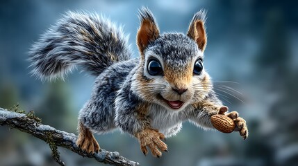 A lively animated squirrel leaping between branches with a nut in its mouth, mid-air with blurred motion and background.