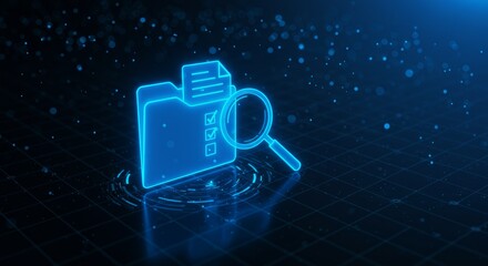 Glowing blue digital icon of a folder with a checklist and magnifying glass on a grid, representing data analysis
