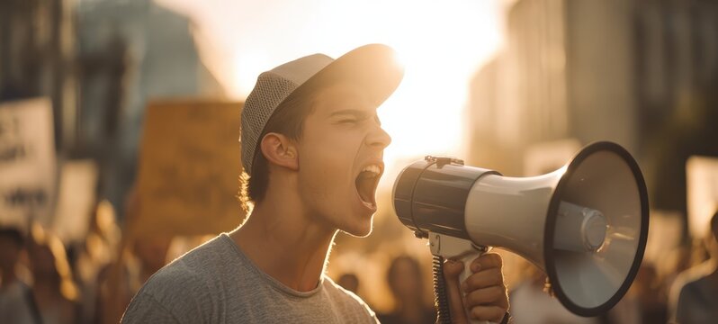 The passionate protester speaking into a megaphone during a lively demonstration.