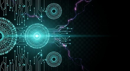 Abstract Futuristic Technology Background: Teal Circuit Board, Digital Eye, Energy Bolts, Dark Mood
