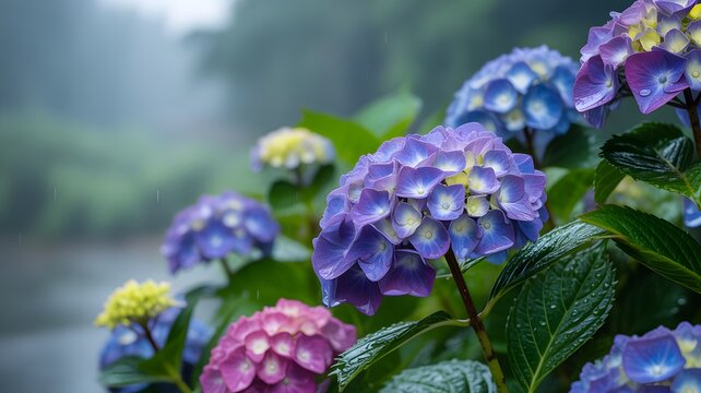 Close up of purple and blue hydrangeas with water droplets in the rain flower pink
