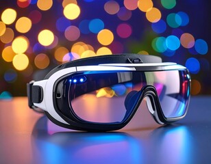 Futuristic eyewear with sleek design, rests on reflective surface against a bokeh background