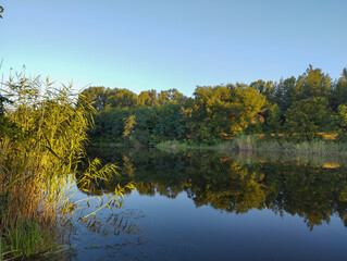 The evening sun softly illuminates the riverbanks, where trees and reeds calmly reflect in the water. The quiet surface of the river conveys a sense of serenity and the end of the day.