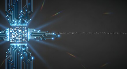 Abstract glowing blue circuit board; digital technology, futuristic, high-tech background.