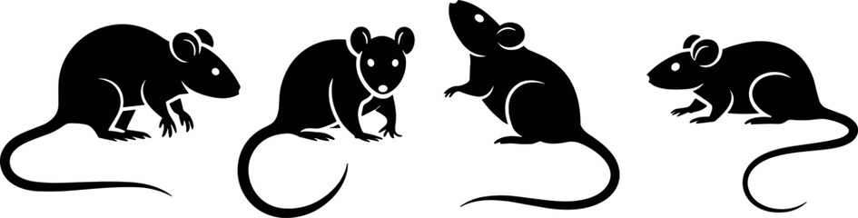 Mouse silhouettes, rodent poses, animal vector, black icons, mouse posture, tail detail, small creature, wildlife symbol, mouse anatomy, 
