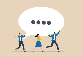 Team discussion, community or social feedback, communication or announcement dialog, team meeting concept, businessman and businesswoman team members help carrying big speech bubble with copy space