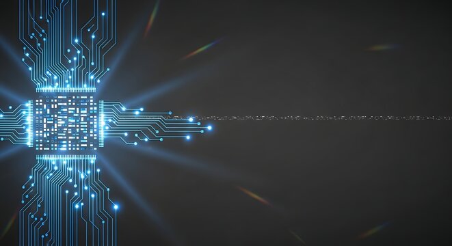 Abstract glowing blue circuit board; digital technology, futuristic, high-tech background.