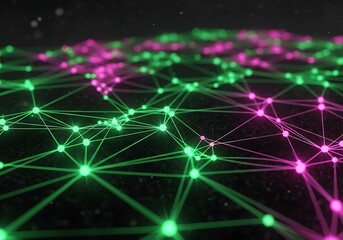 Abstract Network: Glowing Pink and Green Nodes Connected by Lines, Futuristic Technology Background