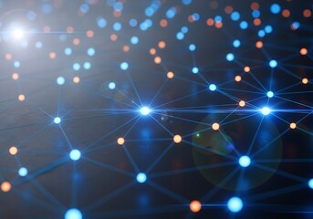 Abstract Network Connection: Glowing Nodes and Lines, Futuristic Technology, Digital Data Flow, Blue and Orange Hues.