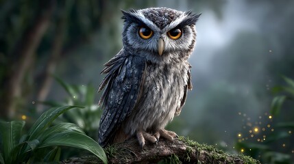 A wise old animated owl perched atop a twisted jungle tree, eyes glowing in the twilight, as fireflies blink below.