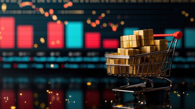 A shopping cart filled with gold boxes stands in front of a digital financial graph, symbolizing commerce and investment.