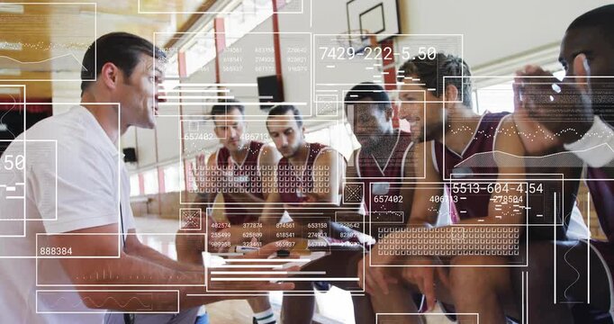 Coach kneeling guiding basketball players during timeout with play diagrams explaining strategies