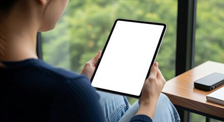 Young woman holding a digital tablet with a blank white screen, perfect for showcasing app interfaces, websites, or creative work