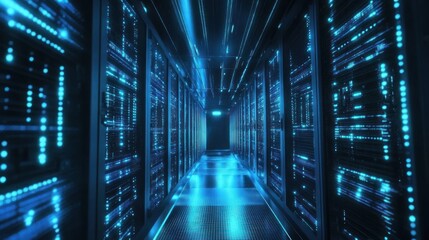 Fototapeta premium Futuristic server room hallway with glowing data streams