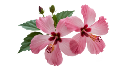 Two delicate pink hibiscus flowers with green leaves isolated on transparent background