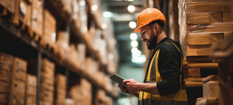 The warehouse worker using smartphone for logistics and inventory management. - Powered by Adobe