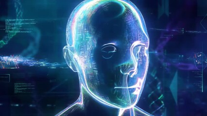 A holographic head model is displayed with digital interface elements in the background. Concept of artificial intelligence and data analysis. - Powered by Adobe