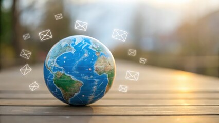 Flying email icons orbiting around globe — worldwide digital marketing connection
