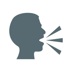 Silhouette of a head with mouth open and lines coming out representing speech or sound waves visible