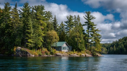 Serene Cabin Retreat Overlooking Lake Ontario in Algonquin Park with Lush Forest and Blue Skies