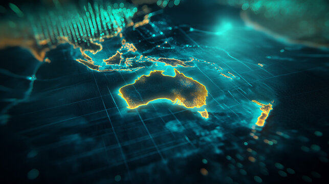 A high-tech futuristic map of australia glowing in cyan and electric blue tones. Sci-fi style, holographic atmosphere