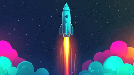 A vibrant rocket launches into the cosmos, leaving a trail of colorful clouds and stars in a dynamic, digital art style.