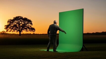 Senior man contemplates a green screen backdrop in a serene field at sunset hinting at new beginnings and future possibilities
