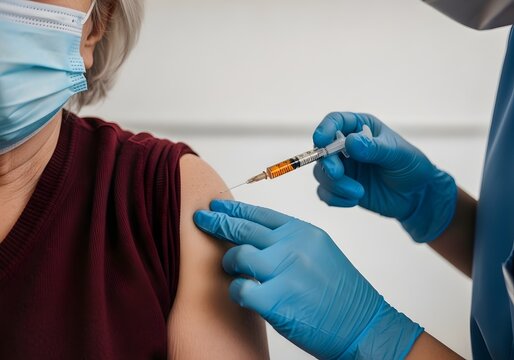 Senior Woman Receives COVID 19 Vaccine Healthcare Professional Administering Injection with Mask and Gloves, Immunization, Elderly Care Illustration - Powered by Adobe