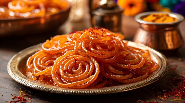 Close-up of golden jalebi dessert with saffron strands, evoking festive indulgence for India's Independence Day.