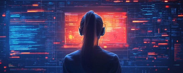 AI cybersecurity analysis depicting a female IT specialist monitoring threats in cyberspace, using augmented reality and artificial intelligence to secure digital data, Generative AI