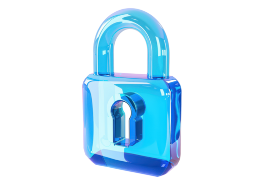 blue glass translucent 3d lock symbol icon isolated on white or transparent png - Powered by Adobe