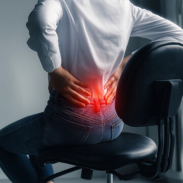 A person wearing a white shirt and jeans is standing up from a black office chair, clutching their lower back in pain. Red glowing effects are concentrated on the lower back area to indicate pain. 
