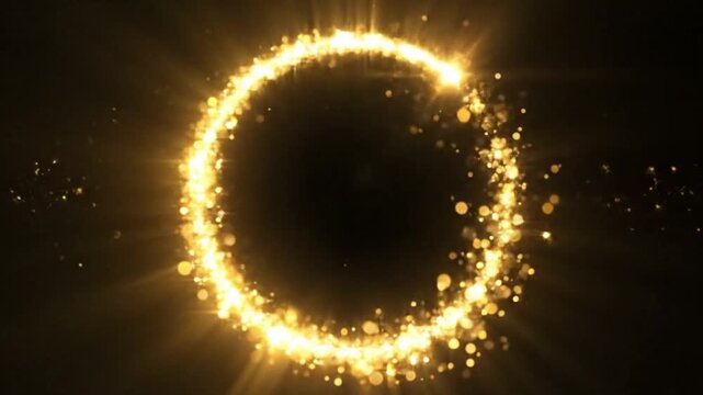 Golden light ring swirl with sparkling particles glowing in abstract elegant motion loop background perfect for luxury celebration wedding magic energy visual effect animation