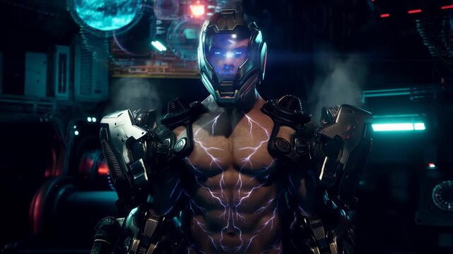 A character from the game, a muscular male galactic warrior, equips himself with armor before battle. Concept of science fiction and online games.