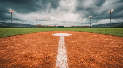 A dramatic view of a baseball field, showcasing the pitcher's mound and lush green grass under a cloudy sky with stadium lights.