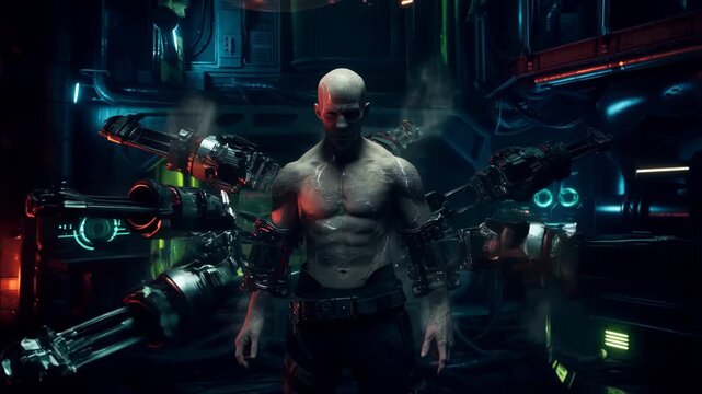 A character from the game, a muscular male galactic warrior, equips himself with armor before battle. Concept of science fiction and online games.