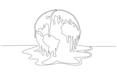 Continuous one line drawing of globe melting like ice cream, symbolizing climate change, single line art